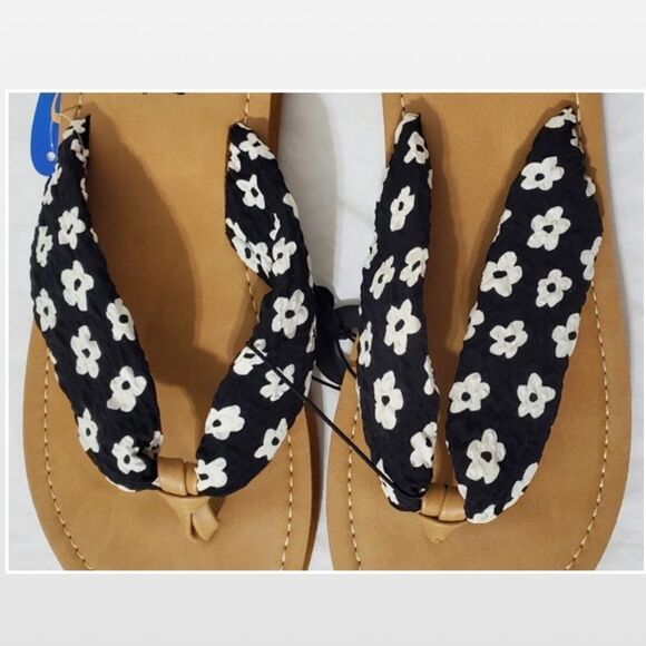 New Wave Zone Womens Flip Flops Slip On Black With White Floral Tan Size 11 - Picture 9 of 16